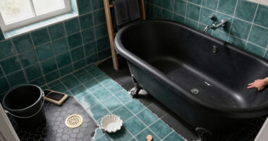 A Tiny Bathroom Went From Grimy To Cozy After A "Gothic-Aquatic" Redo