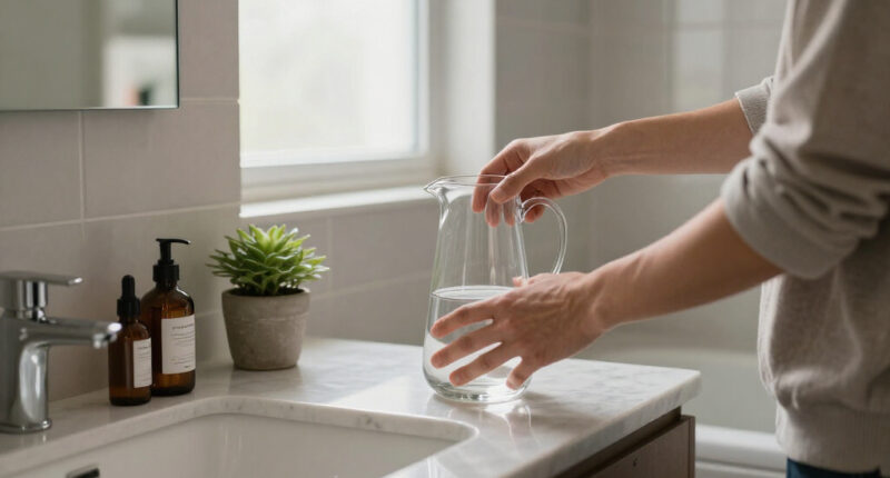 I Put A Glass Pitcher In My Bathroom, And It’s The Chicest Storage Trick